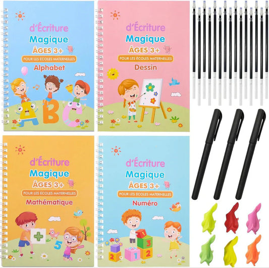 Pack de 4 Cahiers Magiques Réutilisables + 20 Stylos Offerts – Pour apprendre sans s’arrêter